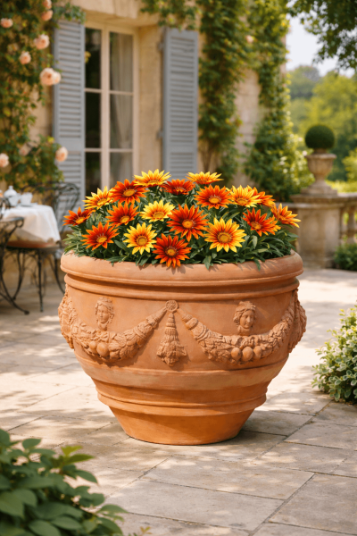Reich verzierter, runder Impruneta Terracotta Topf mit floralen Ornamenten – handgefertigt und frostfest